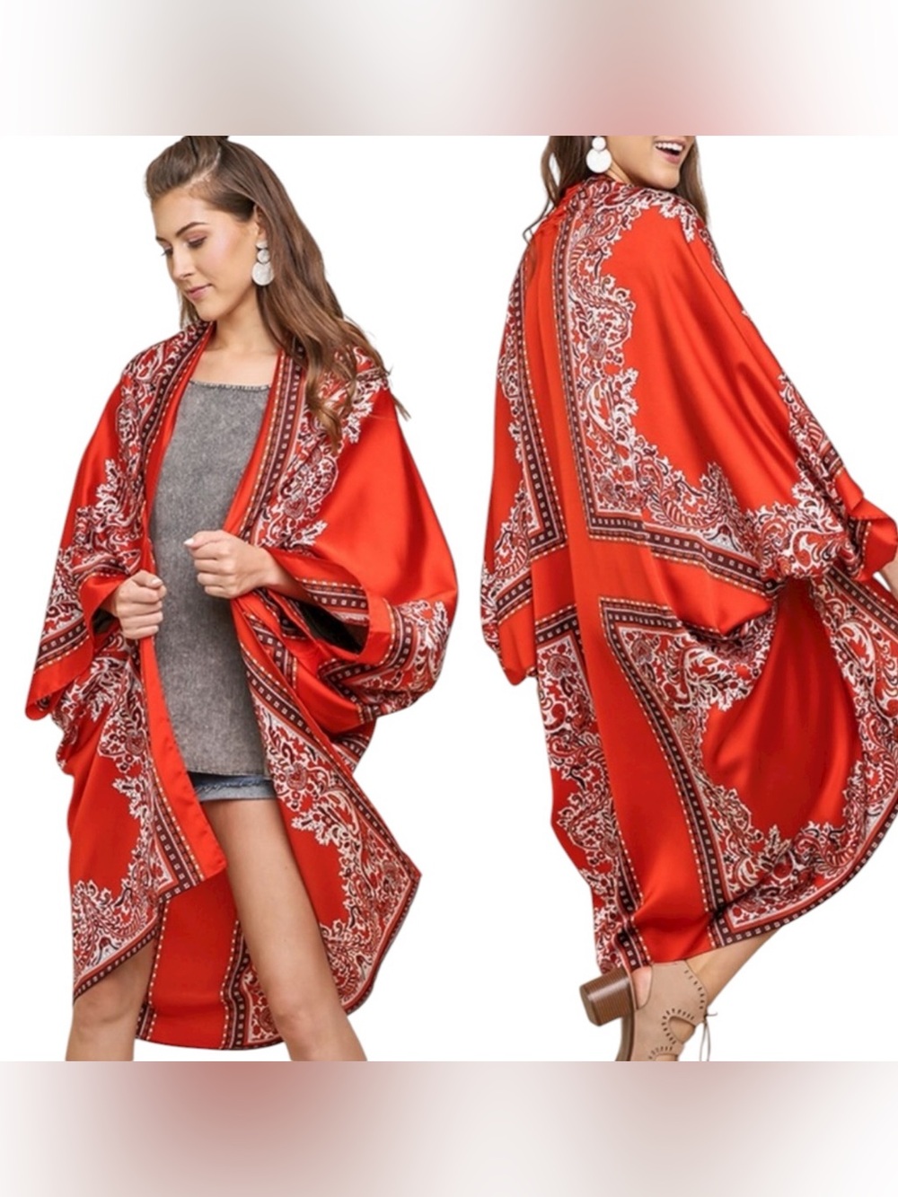 Umgee Red Satin Paisley Border Open Front Kimono Boho Duster Cardigan EUC M/L